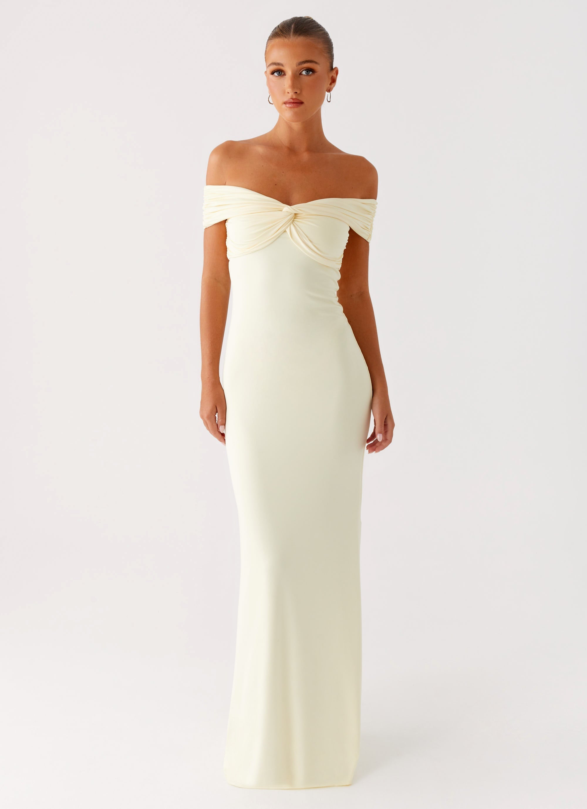 Cream off-shoulder maxi dress with ruched detailing and fitted silhouette — Peppermayo | Endless UAE