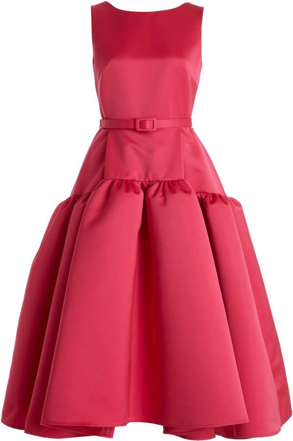 Red satin sleeveless midi dress with bow belt and full skirt — Huishan Zhang | Endless UAE
