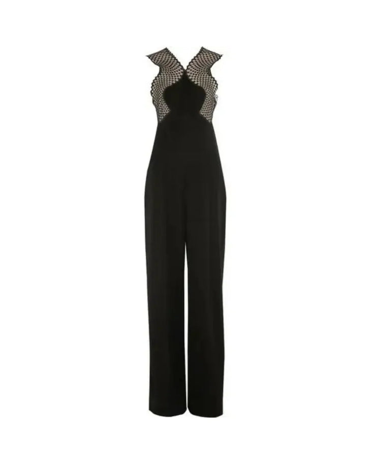 Black sleeveless catsuit with mesh panel details and wide-leg silhouette — Stella McCartney | Endless UAE
