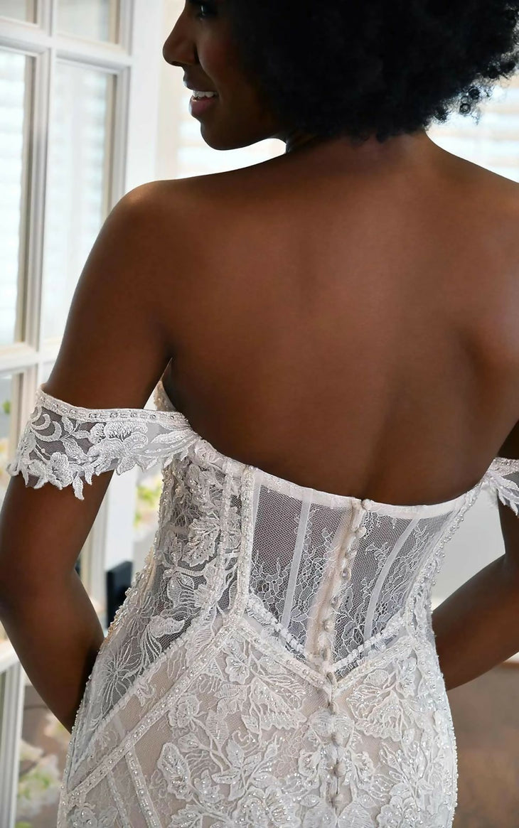 Off-the-shoulder lace fit-and-flare wedding dress with intricate beading and sheer back detail — Essense of Australia | Endless UAE