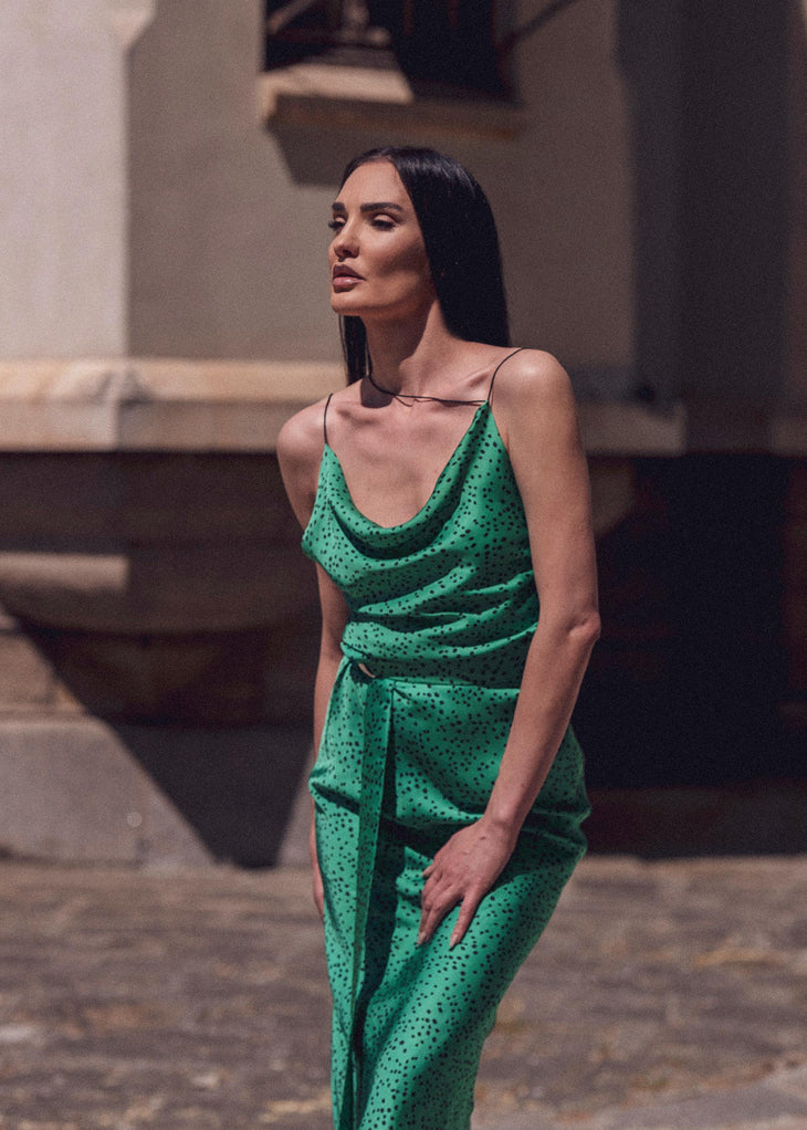 Green polka dot midi dress with cowl neckline and ruched waist detail — Dvete | Endless UAE