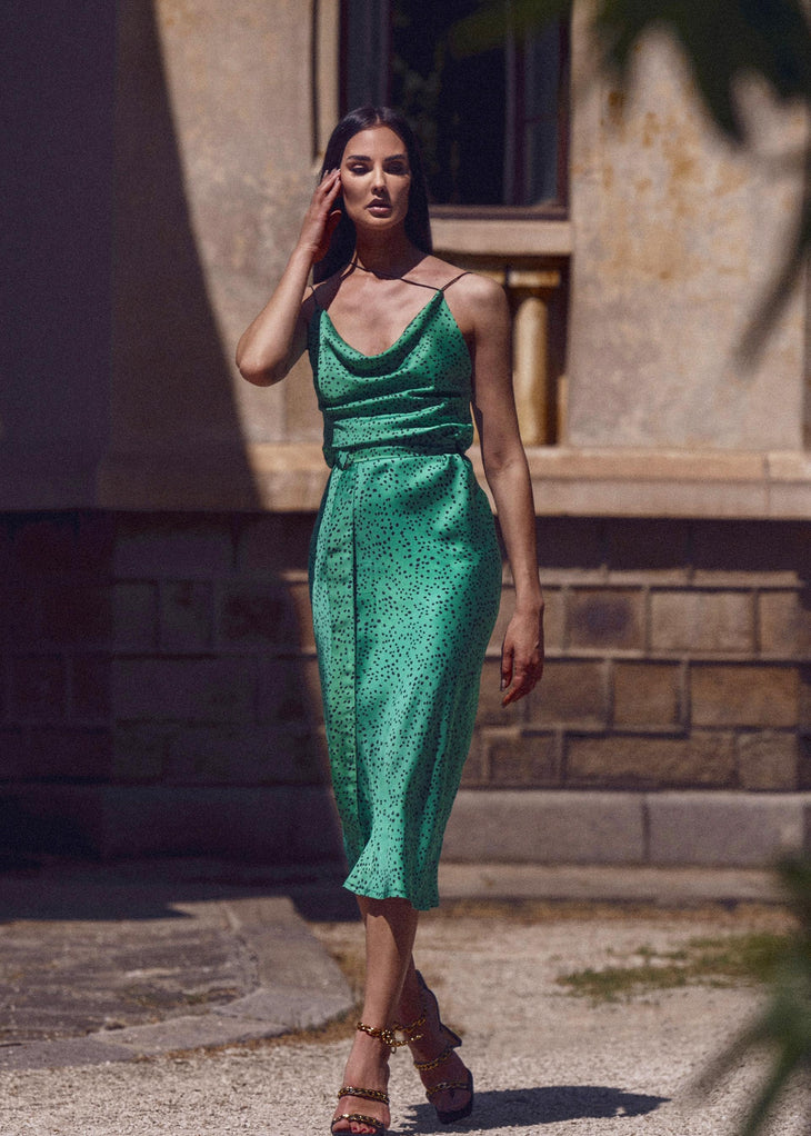 Green polka dot midi dress with cowl neckline and ruched waist detail — Dvete | Endless UAE