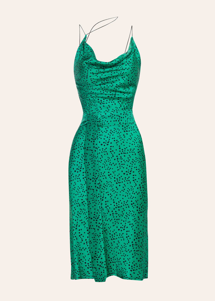 Green polka dot midi dress with cowl neckline and ruched waist detail — Dvete | Endless UAE