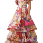 Federica Ruffled Gown in Fleur Print with tiered ruffles and multicolor floral design — Leo Lin | Endless UAE