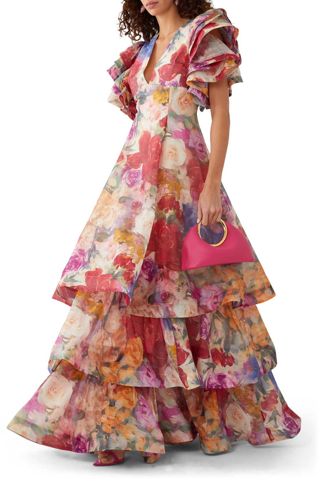 Federica Ruffled Gown in Fleur Print with tiered ruffles and multicolor floral design — Leo Lin | Endless UAE