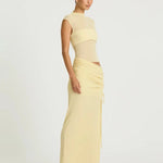 Pale yellow sleeveless maxi dress with cutout waist detail and ruched skirt — BENNI. | Endless UAE.