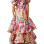 Federica Ruffled Gown in Fleur Print with tiered ruffles and multicolor floral design — Leo Lin | Endless UAE