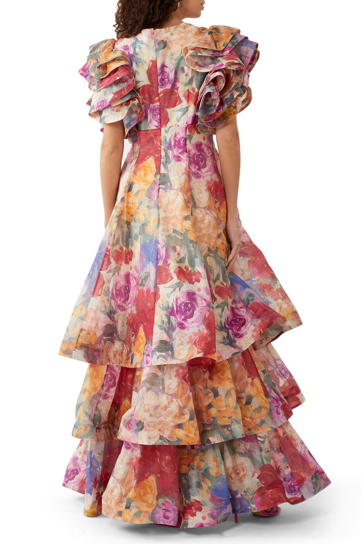 Federica Ruffled Gown in Fleur Print with tiered ruffles and multicolor floral design — Leo Lin | Endless UAE