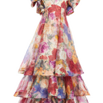 Federica Ruffled Gown in Fleur Print with tiered ruffles and multicolor floral design — Leo Lin | Endless UAE