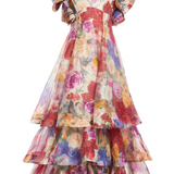 Federica Ruffled Gown in Fleur Print with tiered ruffles and multicolor floral design — Leo Lin | Endless UAE