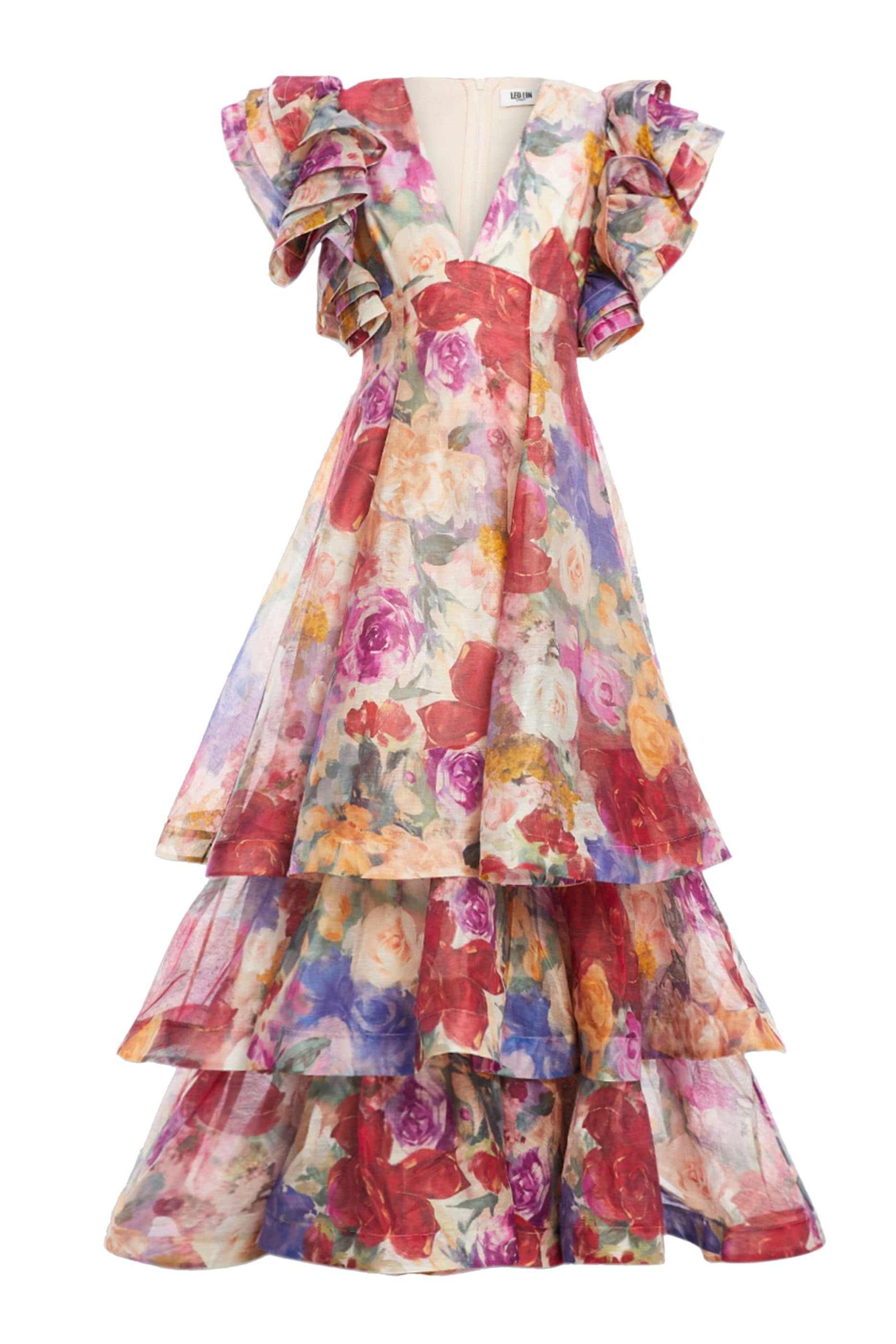 Federica Ruffled Gown in Fleur Print with tiered ruffles and multicolor floral design — Leo Lin | Endless UAE