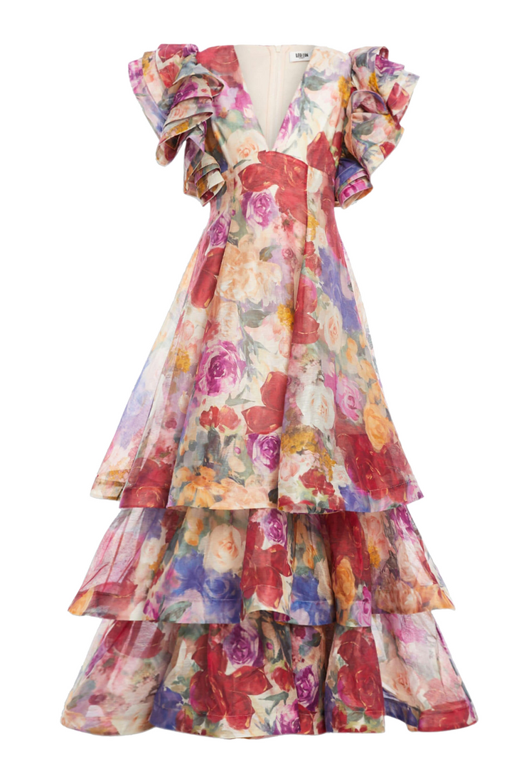 Federica Ruffled Gown in Fleur Print with tiered ruffles and multicolor floral design — Leo Lin | Endless UAE