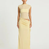 Pale yellow sleeveless maxi dress with cutout waist detail and ruched skirt — BENNI. | Endless UAE.