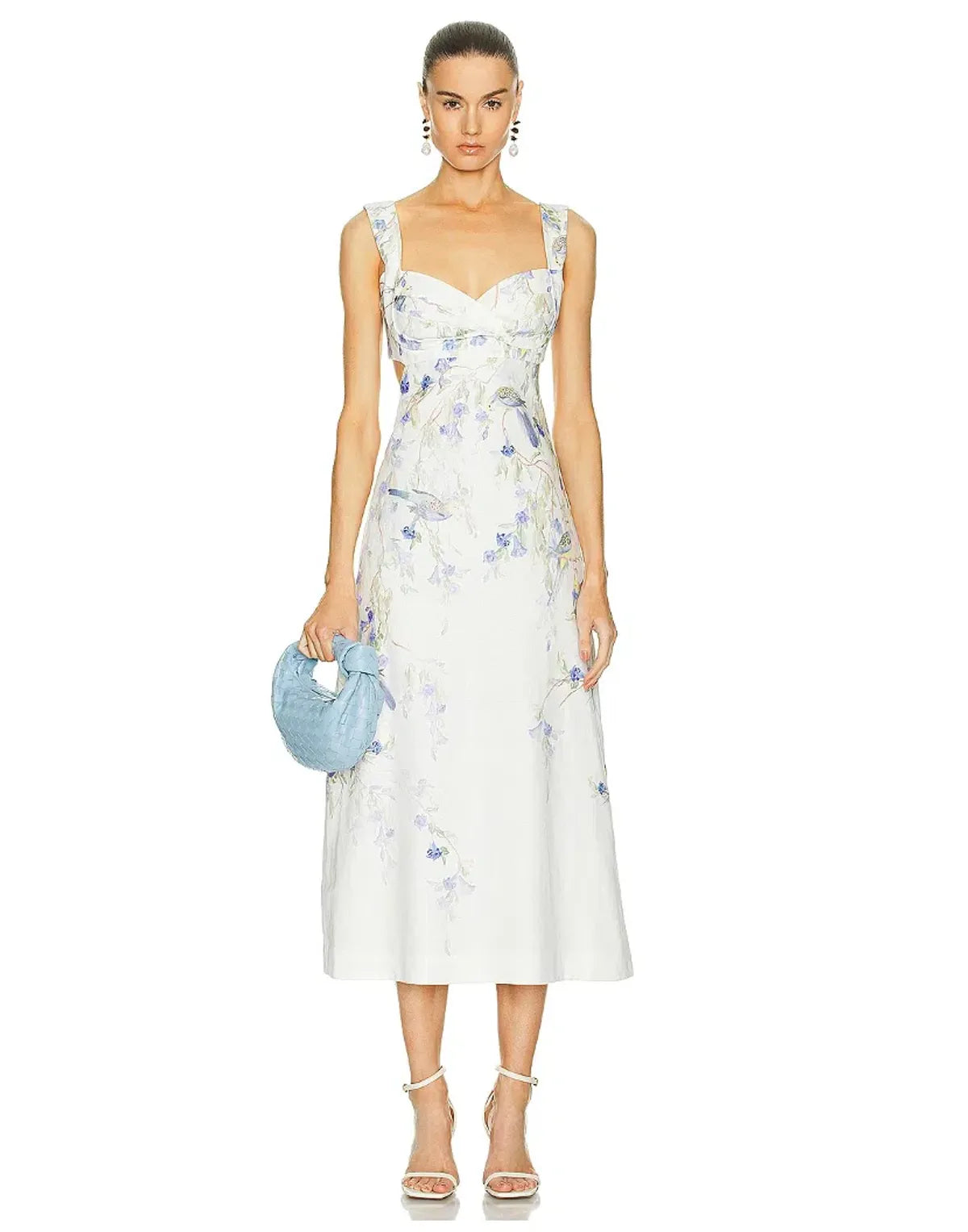 Natura Midi Dress in white with blue floral print, sweetheart neckline, sleeveless design — Zimmermann | Endless UAE