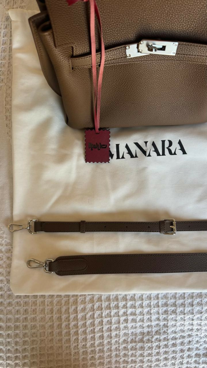 Brown leather structured handbag with gold hardware and pink shoulder strap — Endless | Endless UAE