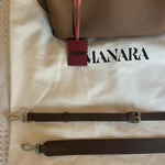 Brown leather structured handbag with gold hardware and pink shoulder strap — Endless | Endless UAE
