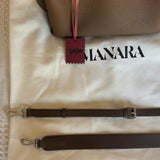 Brown leather structured handbag with gold hardware and pink shoulder strap — Endless | Endless UAE