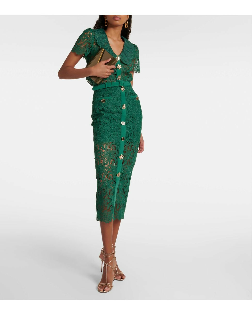 Woman wearing emerald green lace belted midi skirt with short-sleeve top — Self-Portrait | Endless UAE