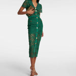 Woman wearing emerald green lace belted midi skirt with short-sleeve top — Self-Portrait | Endless UAE