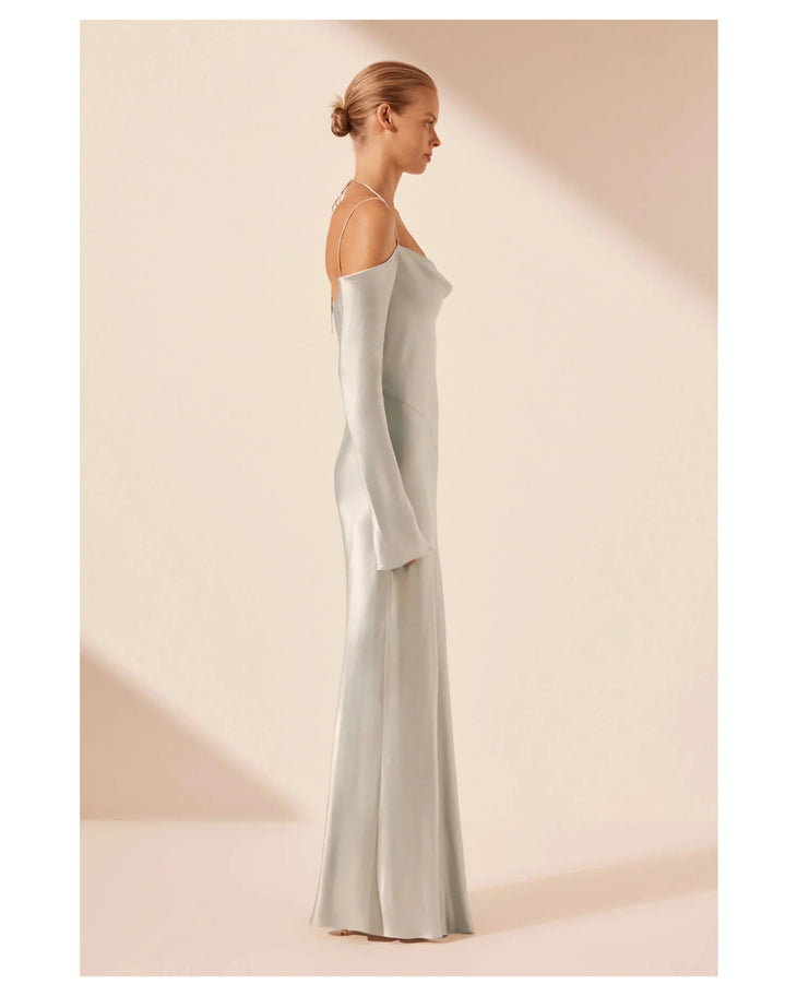 Silvery grey off-shoulder tie maxi dress with draped sleeves — Shona Joy | Endless UAE
