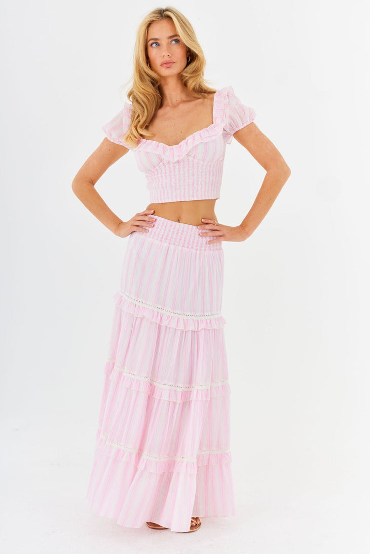 Pink and white striped two-piece set with ruffled crop top and tiered maxi skirt — Amy Jane London | Endless UAE