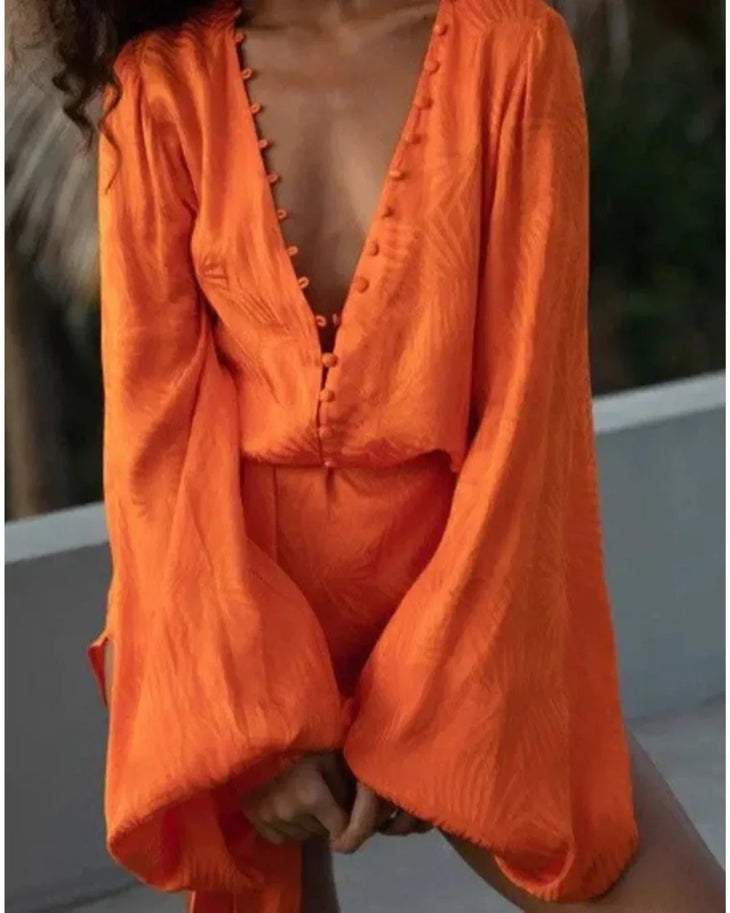 Vibrant orange V-neck dress with button detail and long sleeves — Rat & Boa | Endless UAE