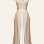 Elegant champagne midi dress with white contrast panel, ruffled neckline and tie shoulder straps — Post Meridien | Endless UAE