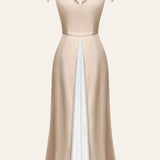 Elegant champagne midi dress with white contrast panel, ruffled neckline and tie shoulder straps — Post Meridien | Endless UAE