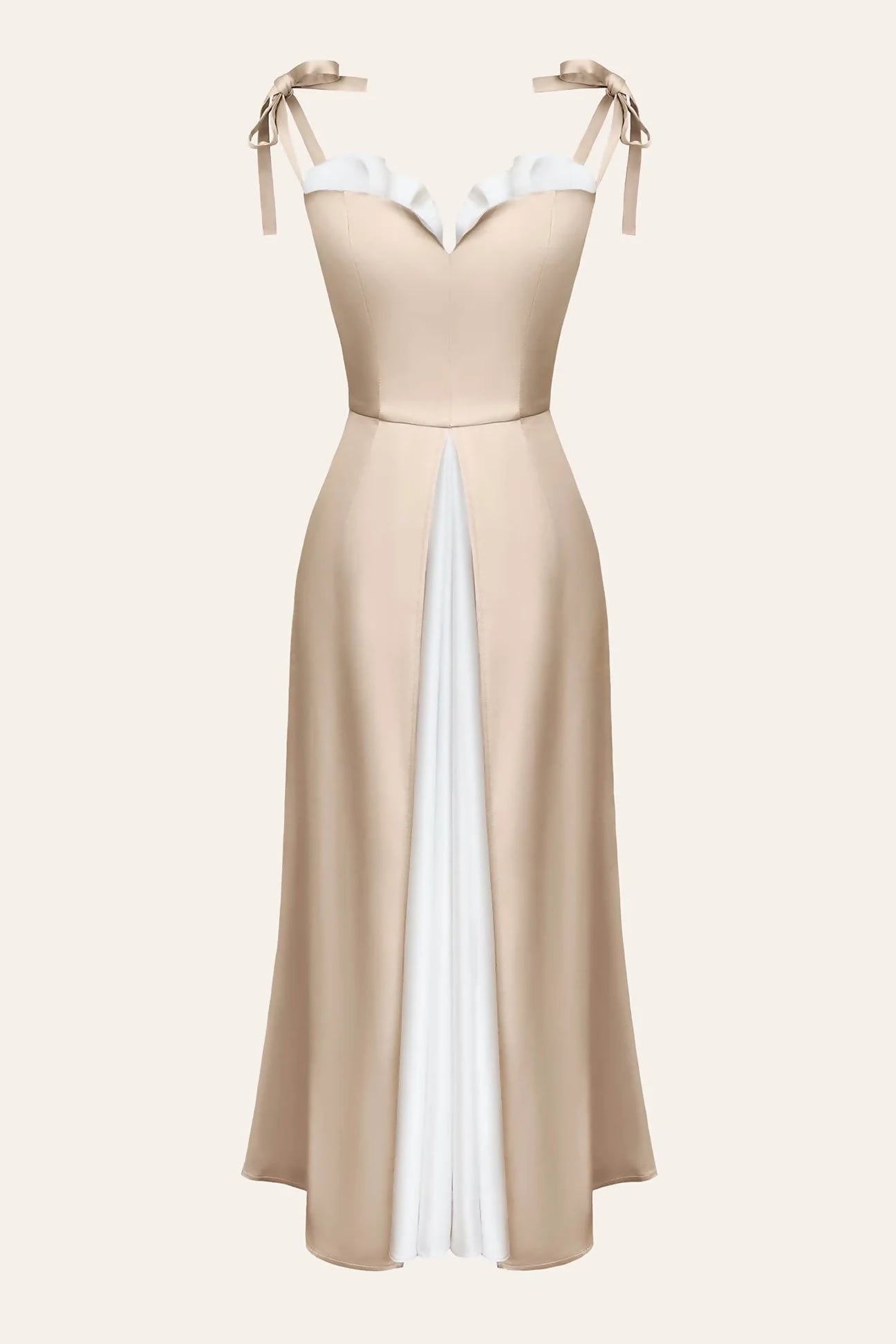 Elegant champagne midi dress with white contrast panel, ruffled neckline and tie shoulder straps — Post Meridien | Endless UAE