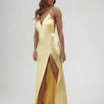 Backless yellow satin wrap dress with high slit and train — By Keara | Endless UAE