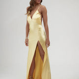 Backless yellow satin wrap dress with high slit and train — By Keara | Endless UAE