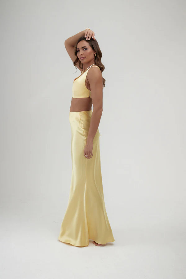 Pale Yellow Maxi Skirt with High Waist and Side Slit — By Keara | Endless UAE