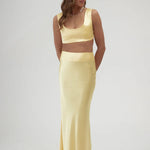 Pale Yellow Maxi Skirt with High Waist and Side Slit — By Keara | Endless UAE
