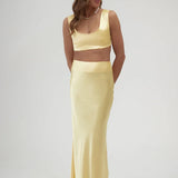 Pale Yellow Maxi Skirt with High Waist and Side Slit — By Keara | Endless UAE