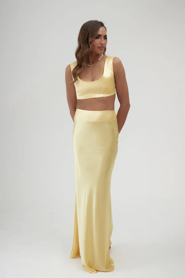 Pale Yellow Maxi Skirt with High Waist and Side Slit — By Keara | Endless UAE