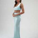 Light blue satin maxi skirt with high waist and elegant drape — By Keara | Endless UAE