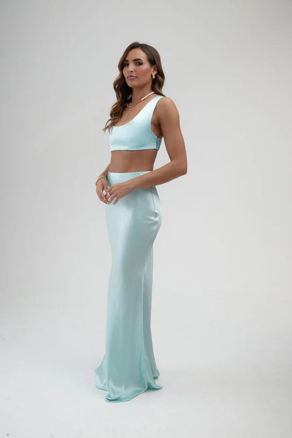 Light blue satin maxi skirt with high waist and elegant drape — By Keara | Endless UAE
