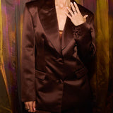 Elegant brown double-breasted blazer with satin finish and structured shoulders — By Keara | Endless UAE