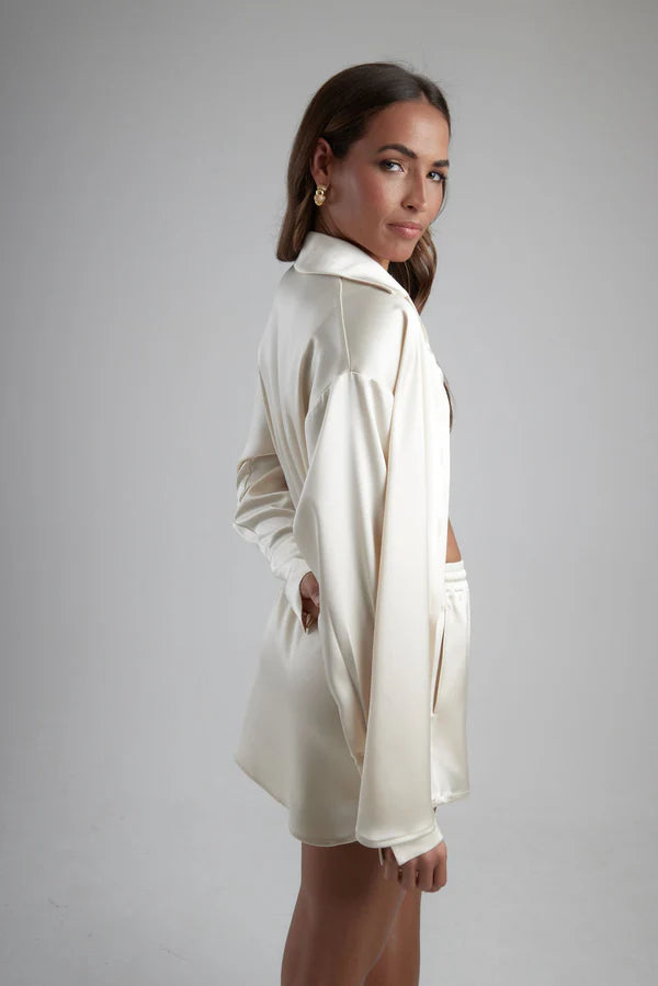 Cream oversized shirt with draped back detail — By Keara | Endless UAE