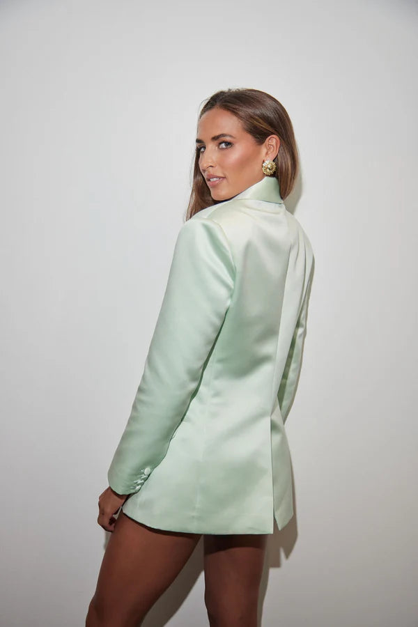 Mint green satin blazer dress shown from back, featuring long sleeves and tailored fit — By Keara | Endless UAE