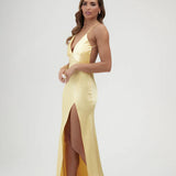 Backless yellow satin wrap dress with high slit and train — By Keara | Endless UAE