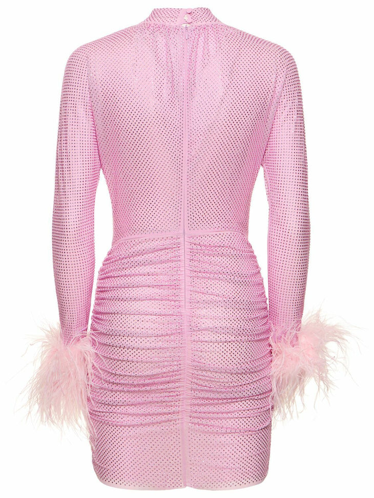 Pink embellished mini dress with feather cuffs, high neck, and ruched waist detailing — Self-Portrait | Endless UAE