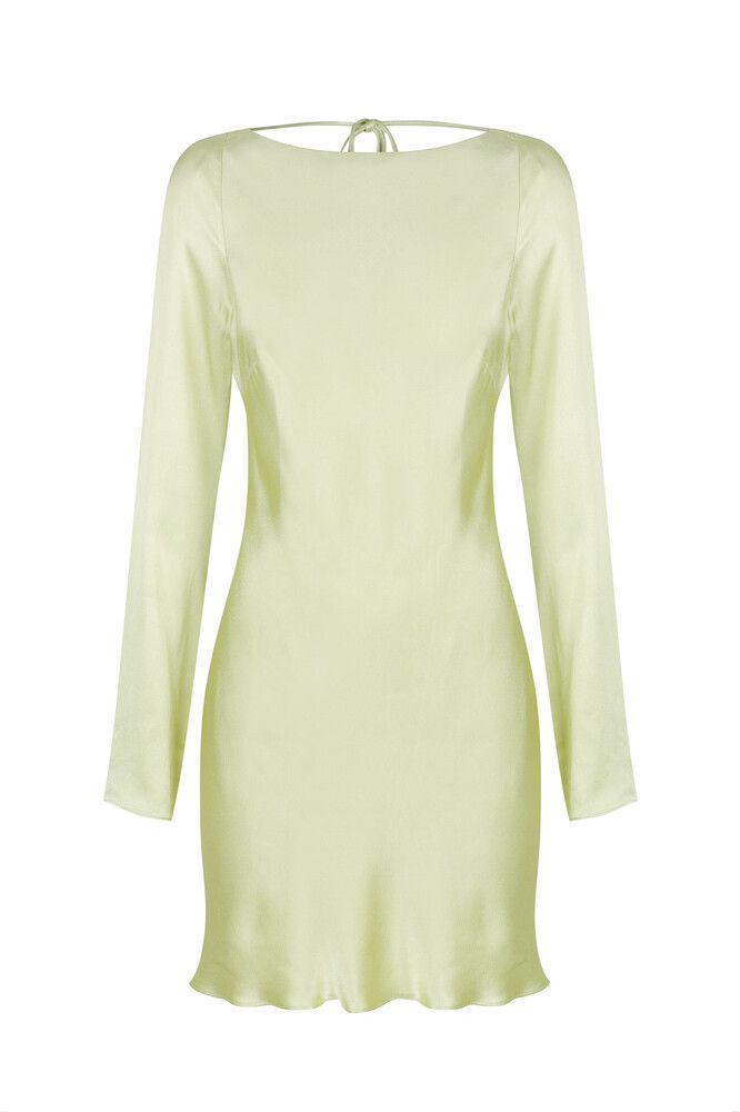 Pale green satin mini dress with long sleeves and open back tie detail — Shona Joy | Endless UAE