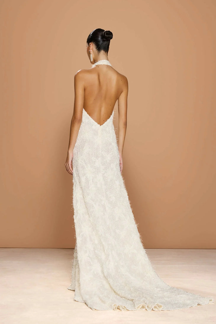 Noorah Gown white halter neck beaded wedding dress with high-low hem — Sonya Moda | Endless UAE