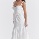 White broderie anglaise midi sundress with sweetheart neckline and tiered skirt — House of CB | Endless UAE