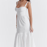 White broderie anglaise midi sundress with sweetheart neckline and tiered skirt — House of CB | Endless UAE