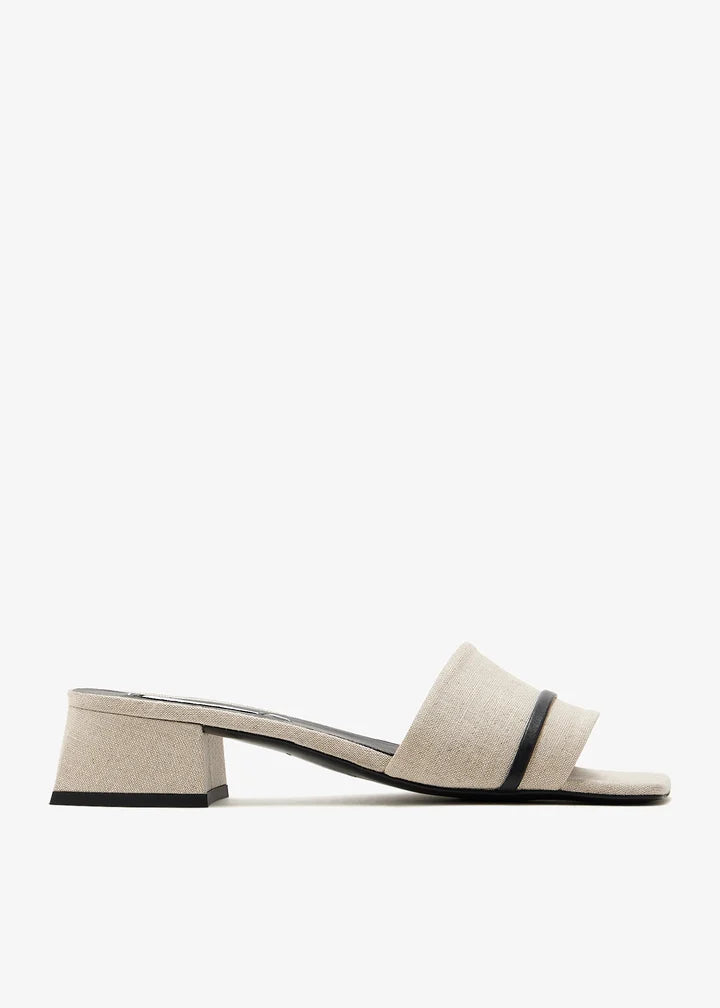 Beige linen block heel slide sandals with single wide strap and open square toe — The LLine | Endless UAE