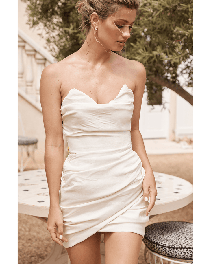 Emanuela Ivory Draped Ruched Mini Dress - Endless - UAE Rental and Resale for Women's Fashion