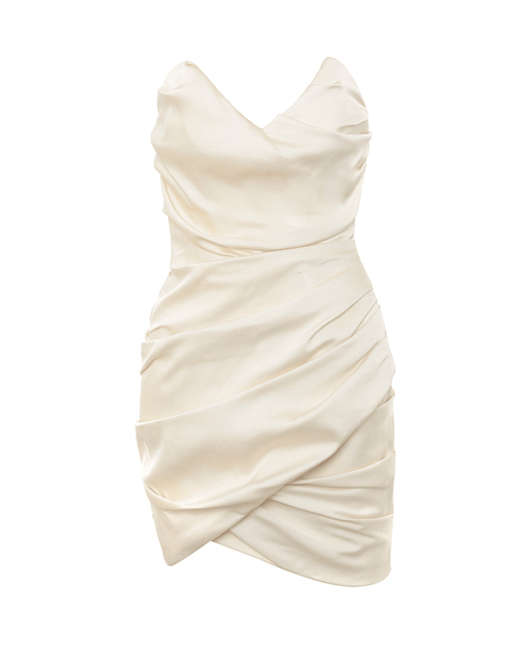 Emanuela Ivory Draped Ruched Mini Dress - Endless - UAE Rental and Resale for Women's Fashion