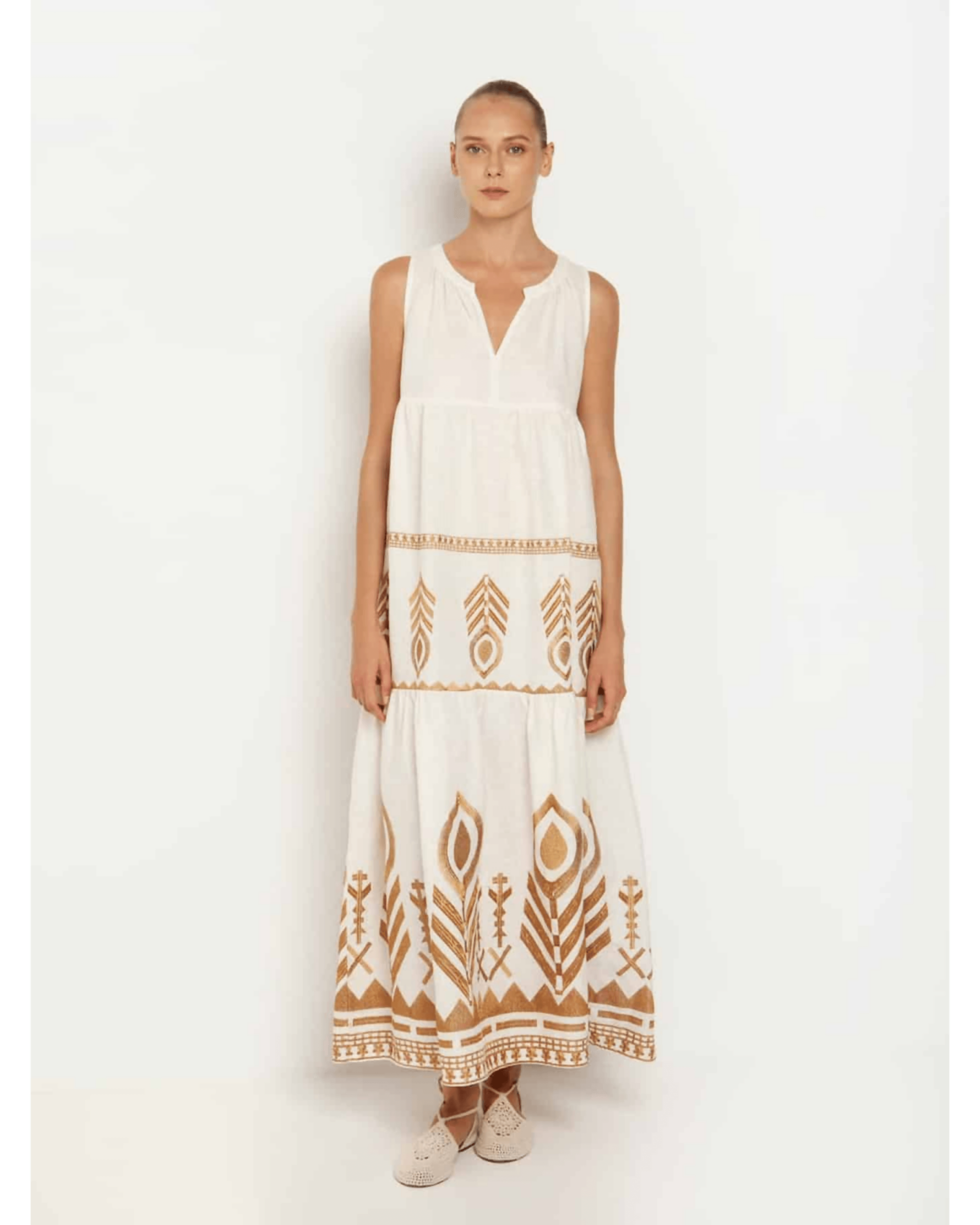 Embroidered Sleeveless Feather Dress White/Gold - Endless - UAE Rental and Resale for Women's Fashion